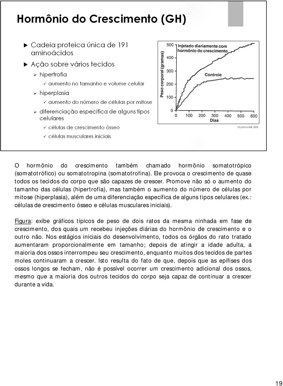 Promove não só o aumento do tamanho das células (hipertrofia), mas também o aumento do número de células por mitose (hiperplasia), além de uma diferenciação específica de alguns tipos celulares (ex.