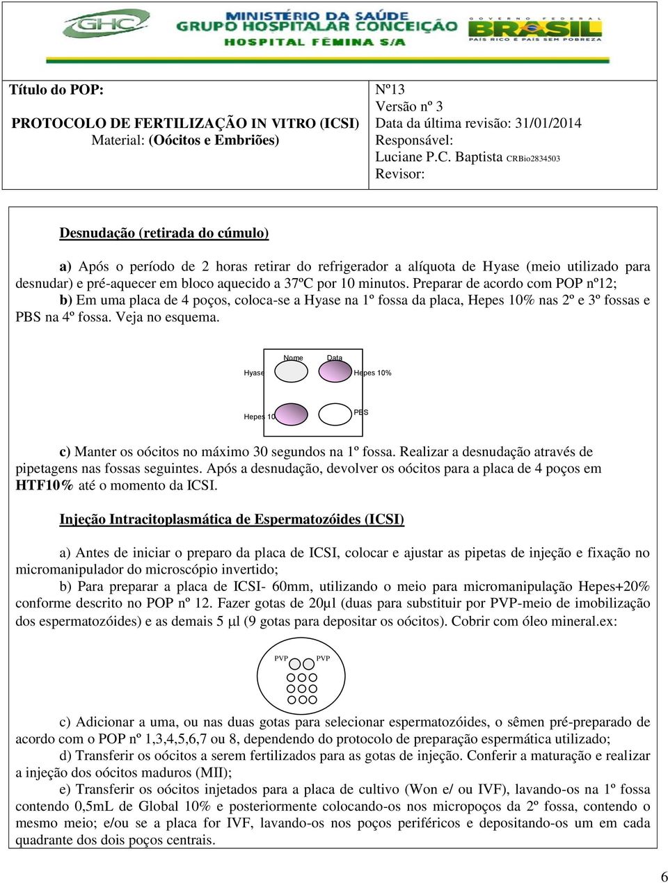 Hyase Nome Data Hepes 10% Hepes 10% PBS c) Manter os oócitos no máximo 30 segundos na 1º fossa. Realizar a desnudação através de pipetagens nas fossas seguintes.