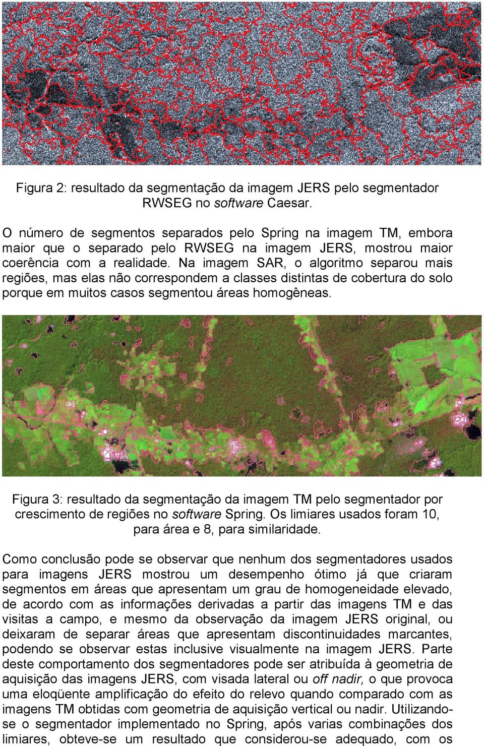Na imagem SAR, o algoritmo separou mais regiões, mas elas não correspondem a classes distintas de cobertura do solo porque em muitos casos segmentou áreas homogêneas.