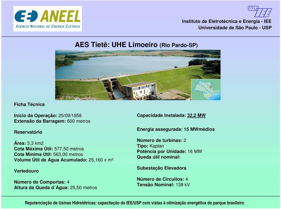 Número de Comportas: 4 Altura da Queda d Água: 25,50 metros Capacidade Instalada: 32,2 MW Energia assegurada: 15 MWmédios Número de