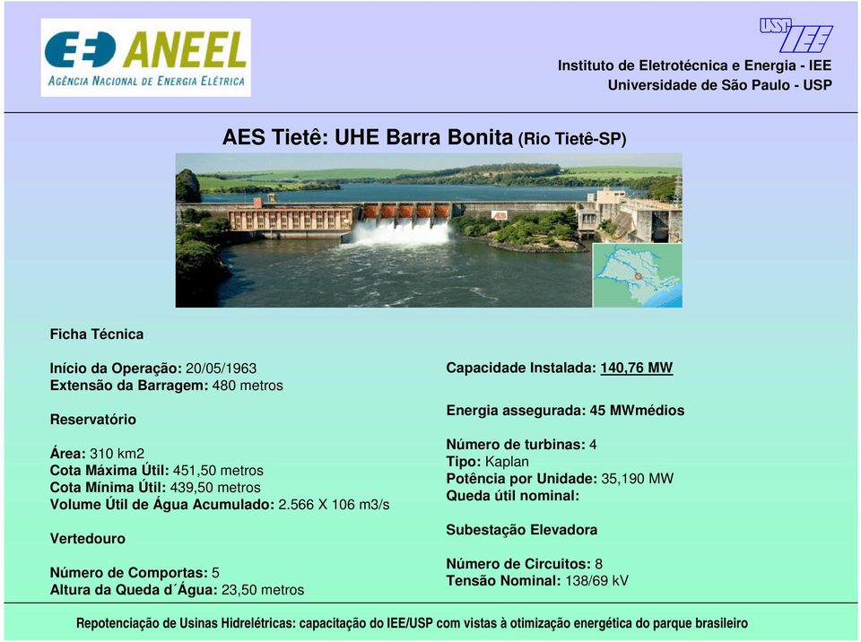 566 X 106 m3/s Vertedouro Número de Comportas: 5 Altura da Queda d Água: 23,50 metros Capacidade Instalada: 140,76 MW Energia assegurada: