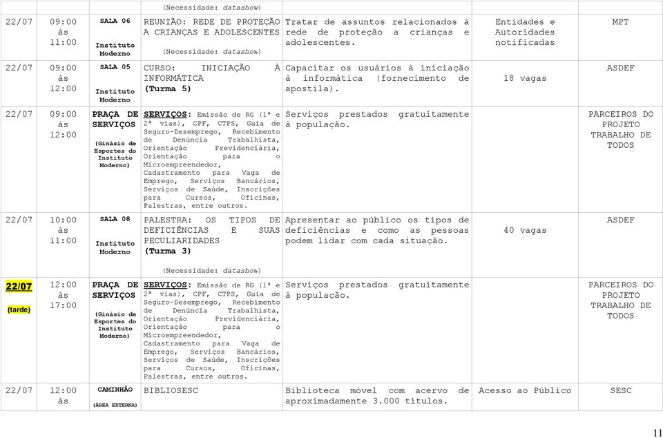 22/07 09:00 PRAÇA DE SERVIÇOS (Ginásio de Esportes do ) SERVIÇOS: Emissão de RG (1ª e 2ª vias), CPF, CTPS, Guia de Seguro-Desemprego, Recebimento de Denúncia Trabalhista, Orientação Previdenciária,