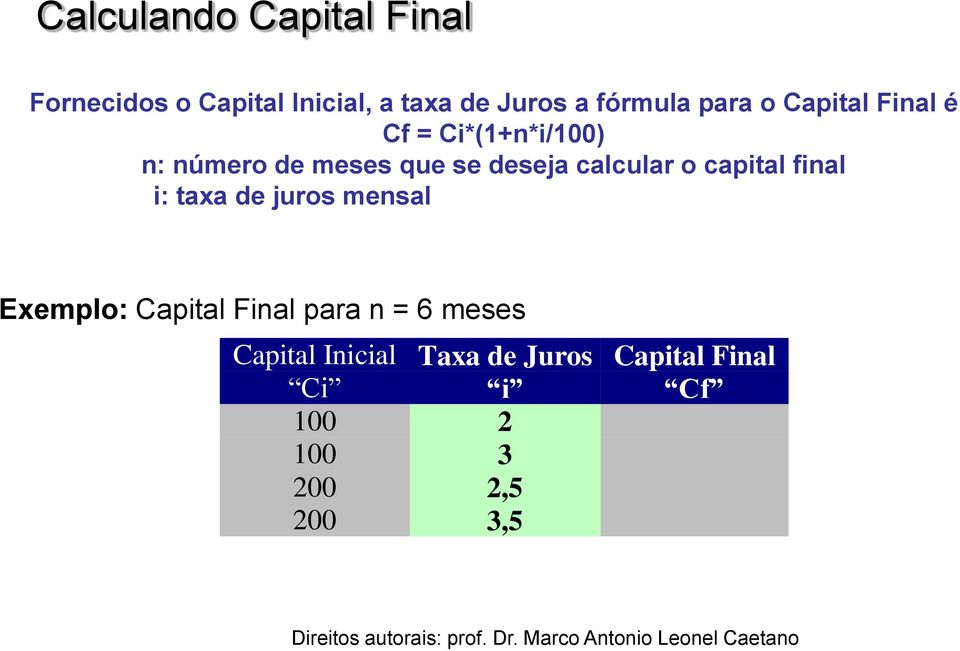 deseja calcular o capital final i: taxa de juros mensal xemplo: Capital Final