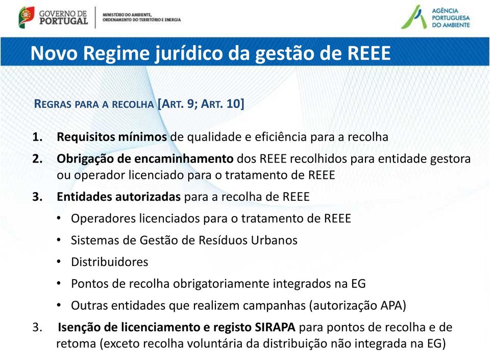 Entidades autorizadas para a recolha de REEE Operadores licenciados para o tratamento de REEE Sistemas de Gestão de Resíduos Urbanos Distribuidores Pontos de