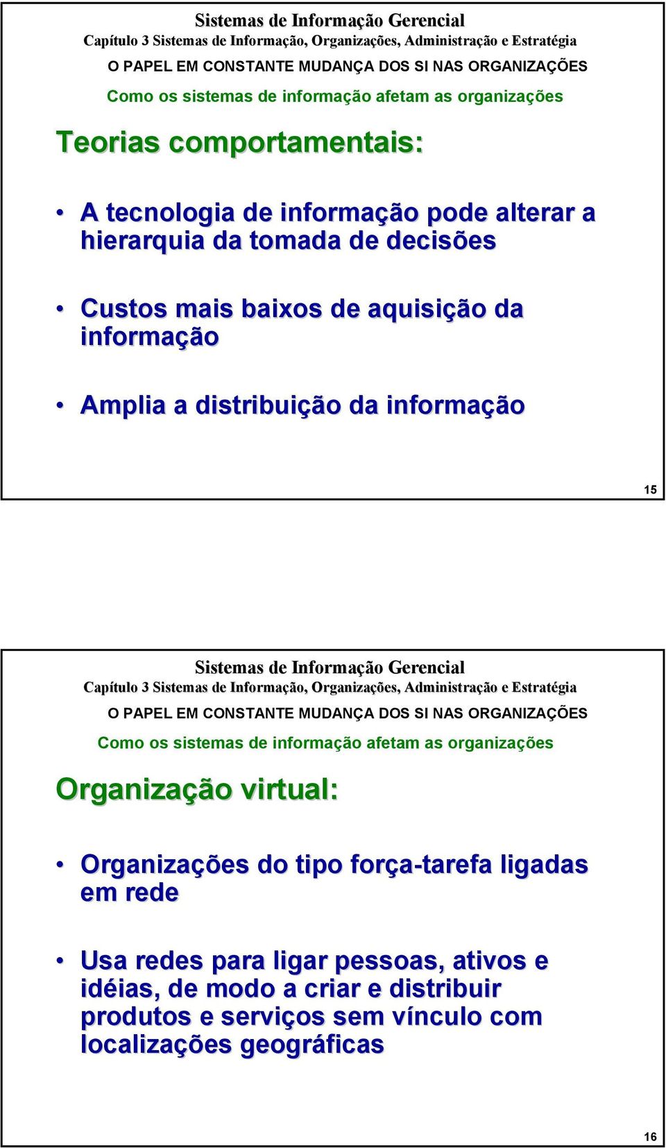 EM CONSTANTE MUDANÇA DOS SI NAS ORGANIZAÇÕES Como os sistemas de informação afetam as organizações Organização virtual: Organizações do tipo