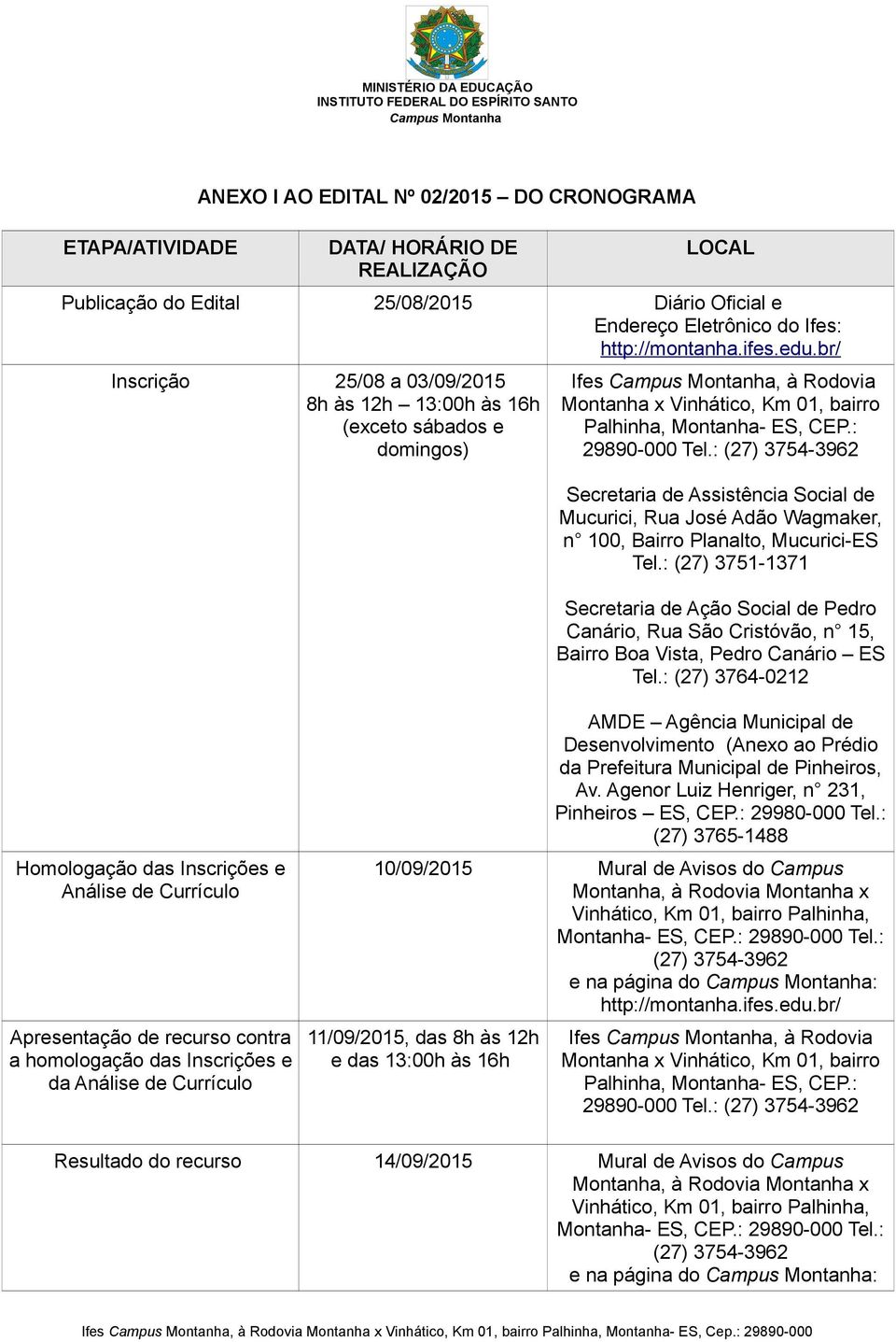 : (27) 3754-3962 Secretaria de Assistência Social de Mucurici, Rua José Adão Wagmaker, n 100, Bairro Planalto, Mucurici-ES Tel.