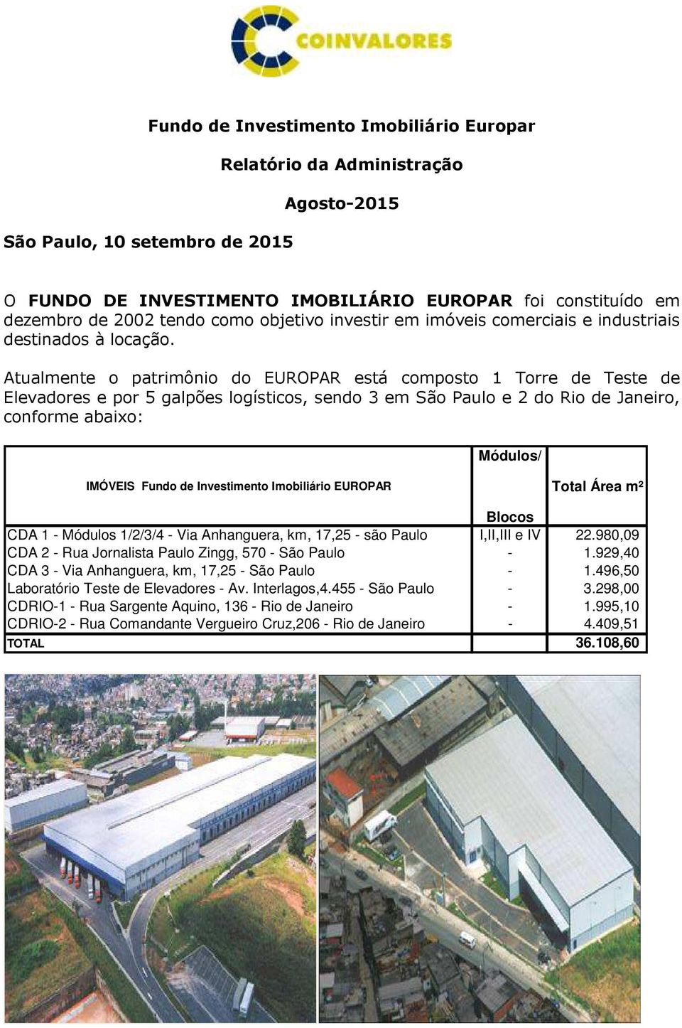 Atualmente o patrimônio do EUROPAR está composto 1 Torre de Teste de Elevadores e por 5 galpões logísticos, sendo 3 em São Paulo e 2 do Rio de Janeiro, conforme abaixo: Módulos/ IMÓVEIS Fundo de