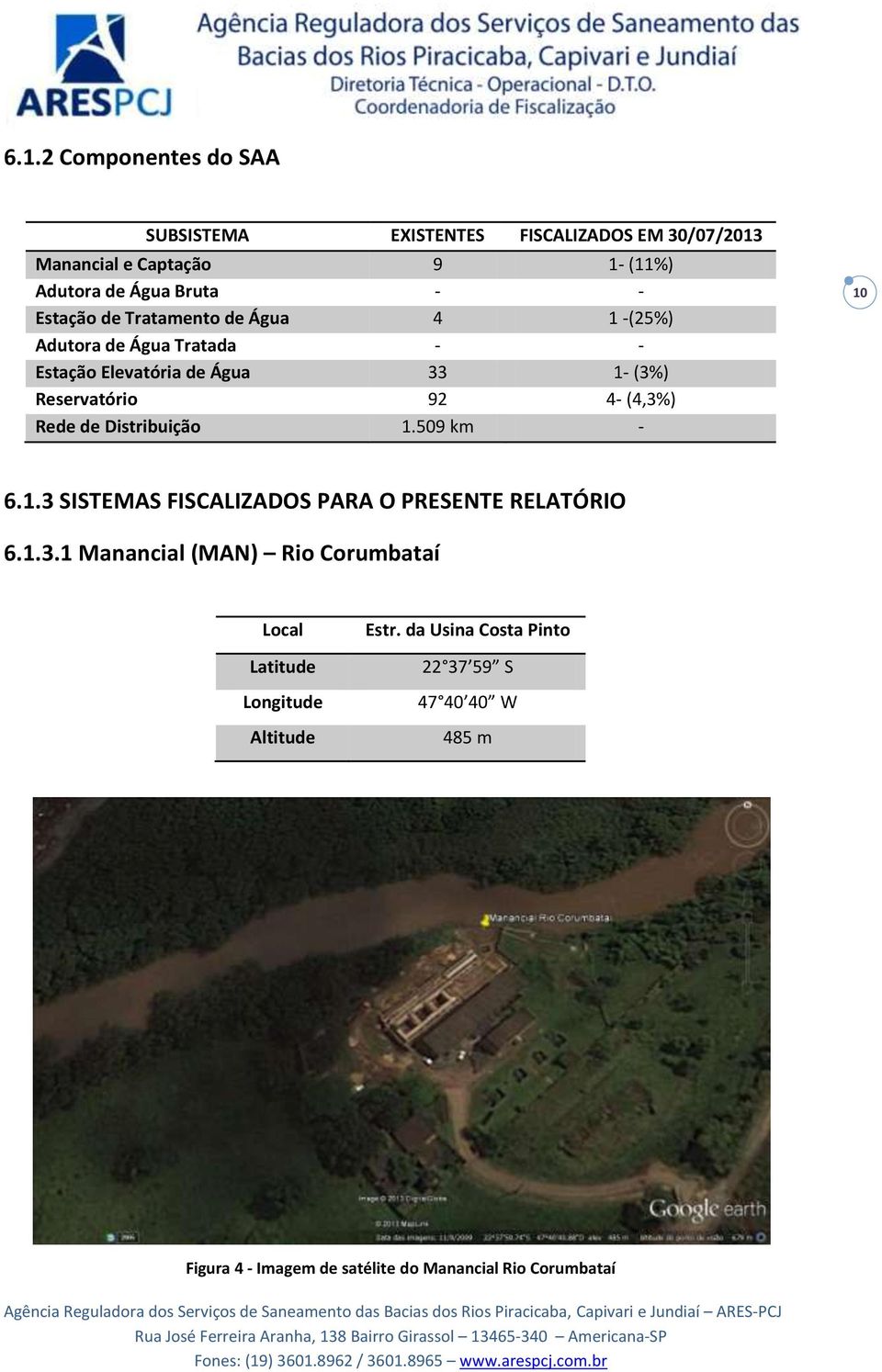 Rede de Distribuição 1.509 km - 10 6.1.3 SISTEMAS FISCALIZADOS PARA O PRESENTE RELATÓRIO 6.1.3.1 Manancial (MAN) Rio Corumbataí Local Latitude Longitude Altitude Estr.