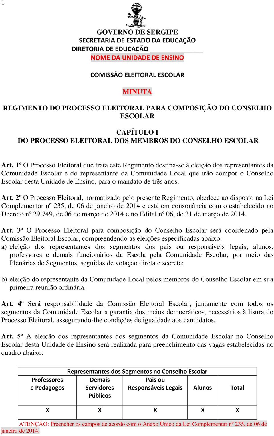 1º O Processo Eleitoral que trata este Regimento destina-se à eleição dos representantes da Comunidade Escolar e do representante da Comunidade Local que irão compor o Conselho Escolar desta Unidade