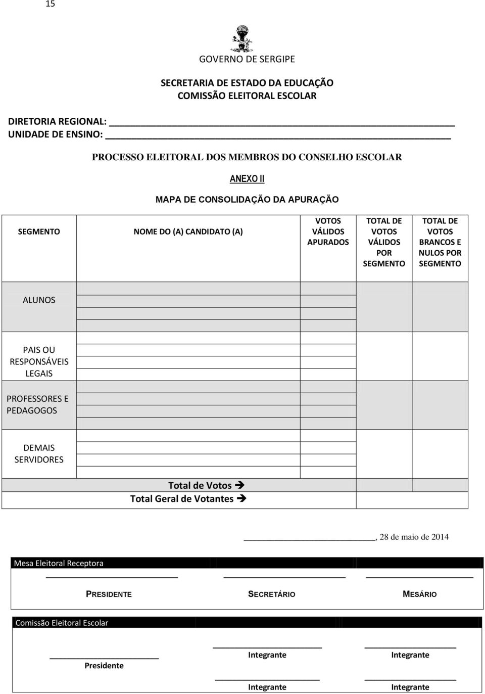 TOTAL DE VOTOS BRANCOS E NULOS POR SEGMENTO ALUNOS PAIS OU RESPONSÁVEIS LEGAIS PROFESSORES E PEDAGOGOS DEMAIS SERVIDORES Total de Votos Total Geral de