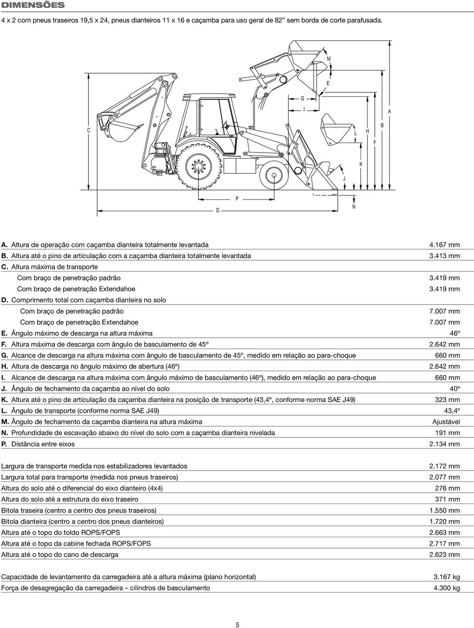 Altura máxima de transporte Com braço de penetração padrão 3.419 mm Com braço de penetração Extendahoe 3.419 mm D. Comprimento total com caçamba dianteira no solo Com braço de penetração padrão 7.