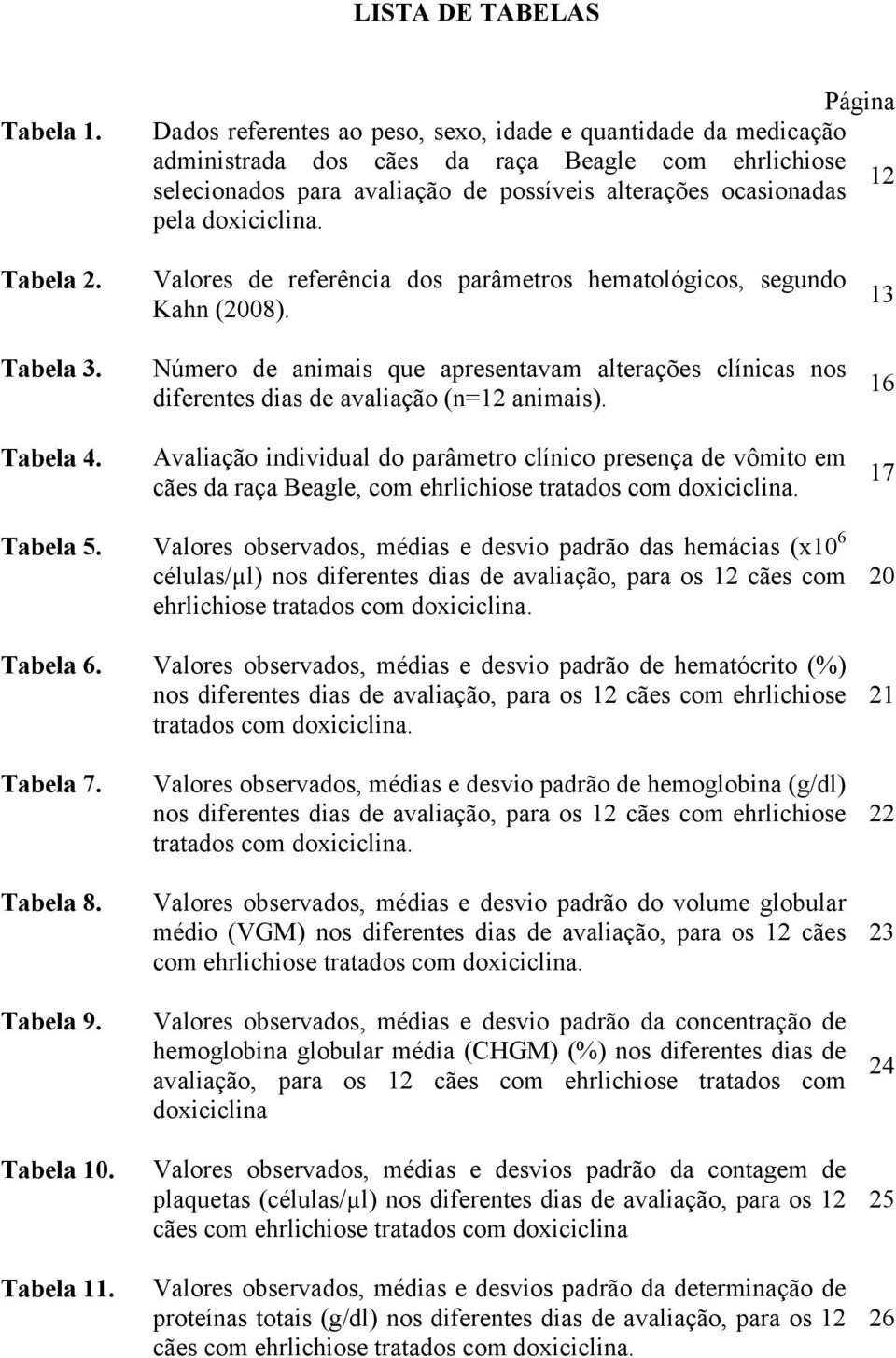 doxiciclina. Tabela 2. Tabela 3. Tabela 4. Valores de referência dos parâmetros hematológicos, segundo Kahn (2008).