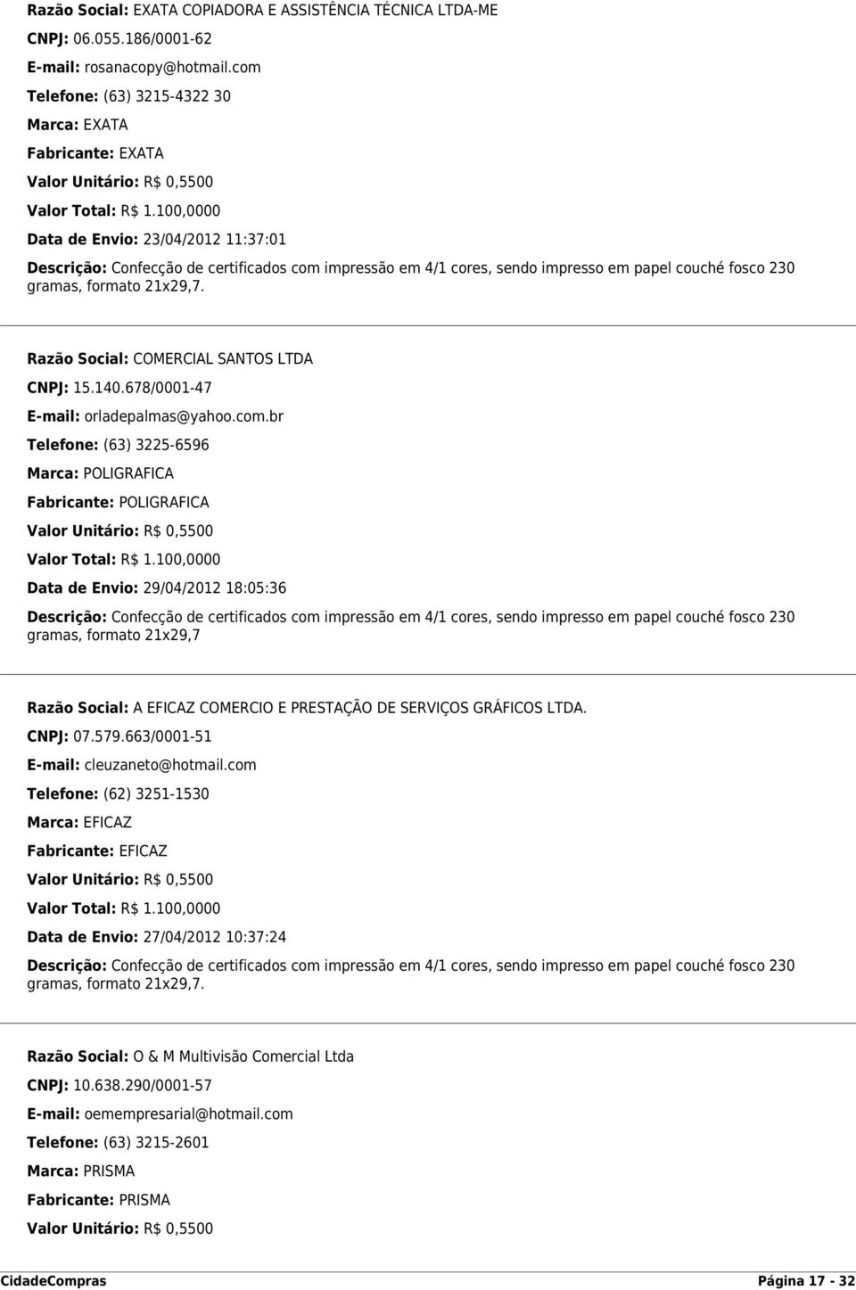 100,0000 Data de Envio: 23/04/2012 11:37:01 Descrição: Confecção de certificados com impressão em 4/1 cores, sendo impresso em papel couché fosco 230 gramas, formato 21x29,7.