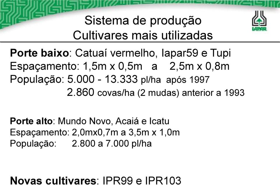 860 covas/ha (2 mudas) anterior a 1993 Porte alto: Mundo Novo, Acaiá e Icatu