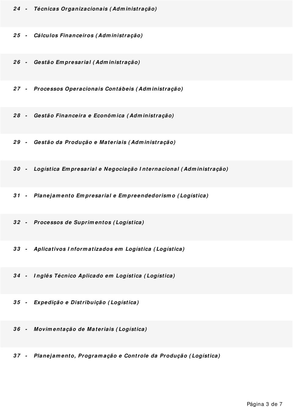 Planejamento Empresarial e Empreendedorismo (Logística) 32 - Processos de Suprimentos (Logística) 33 - Aplicativos Informatizados em Logística (Logística) 34 - Inglês Técnico Aplicado