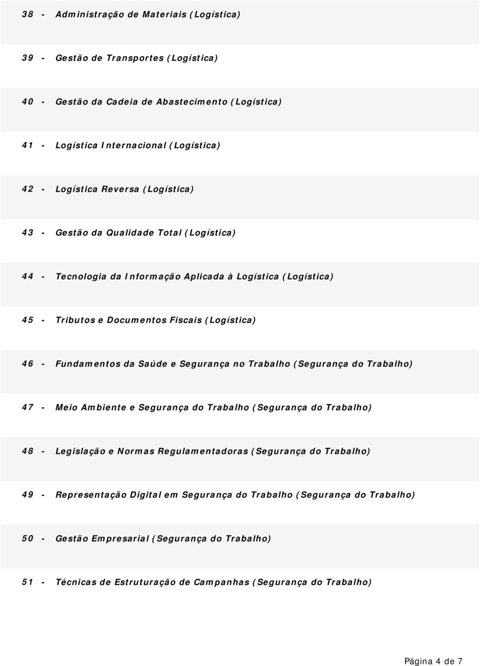 Saúde e Segurança no Trabalho (Segurança do Trabalho) 47 - Meio Ambiente e Segurança do Trabalho (Segurança do Trabalho) 48 - Legislação e Normas Regulamentadoras (Segurança do Trabalho) 49 -