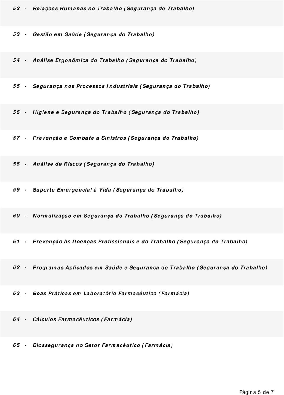 Trabalho) 59 - Suporte Emergencial à Vida (Segurança do Trabalho) 60 - Normalização em Segurança do Trabalho (Segurança do Trabalho) 61 - Prevenção às Doenças Profissionais e do Trabalho (Segurança