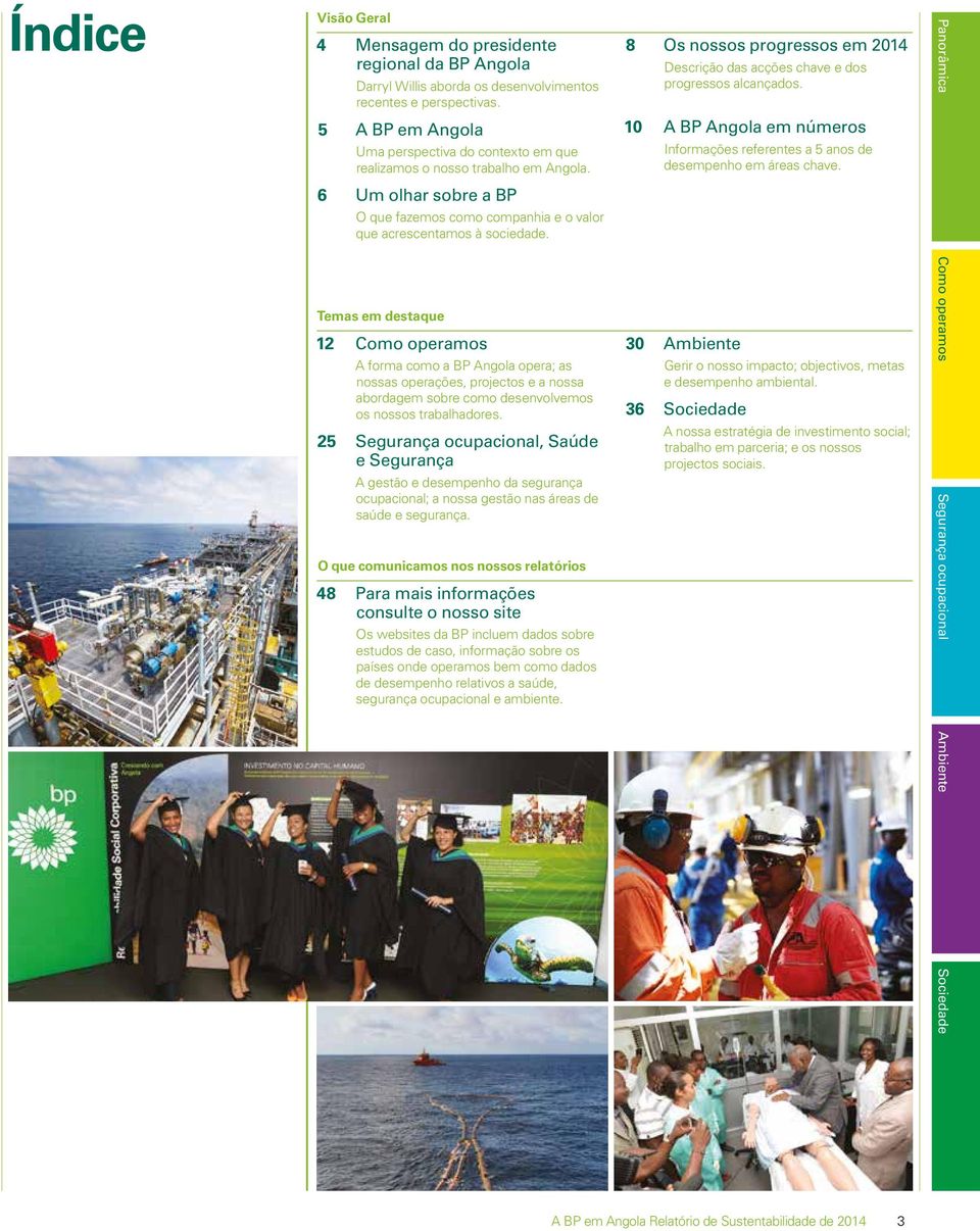 Temas em destaque 12 Como operamos A forma como a BP Angola opera; as nossas operações, projectos e a nossa abordagem sobre como desenvolvemos os nossos trabalhadores.