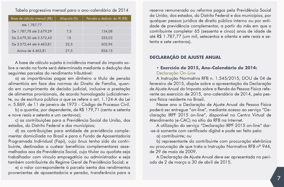 463,81 27,5 826,15 A base de cálculo sujeita à incidência mensal do imposto sobre a renda na fonte será determinada mediante a dedução das seguintes parcelas do rendimento tributável: a) as