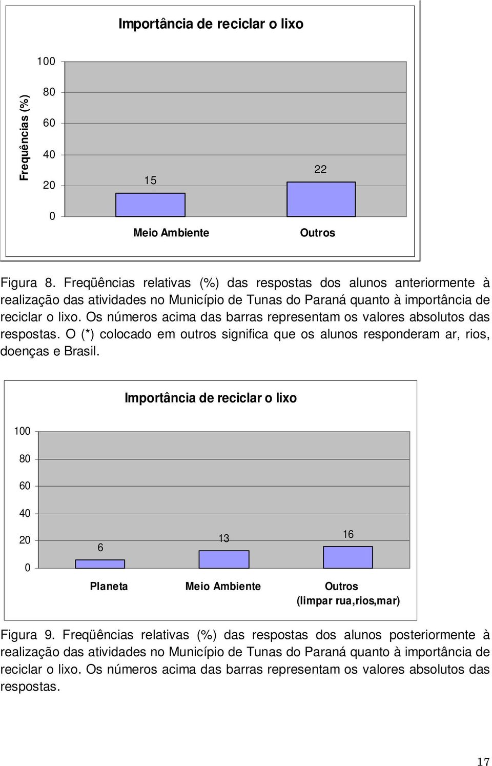 Os números acima das barras representam os valores absolutos das respostas. O (*) colocado em outros significa que os alunos responderam ar, rios, doenças e Brasil.