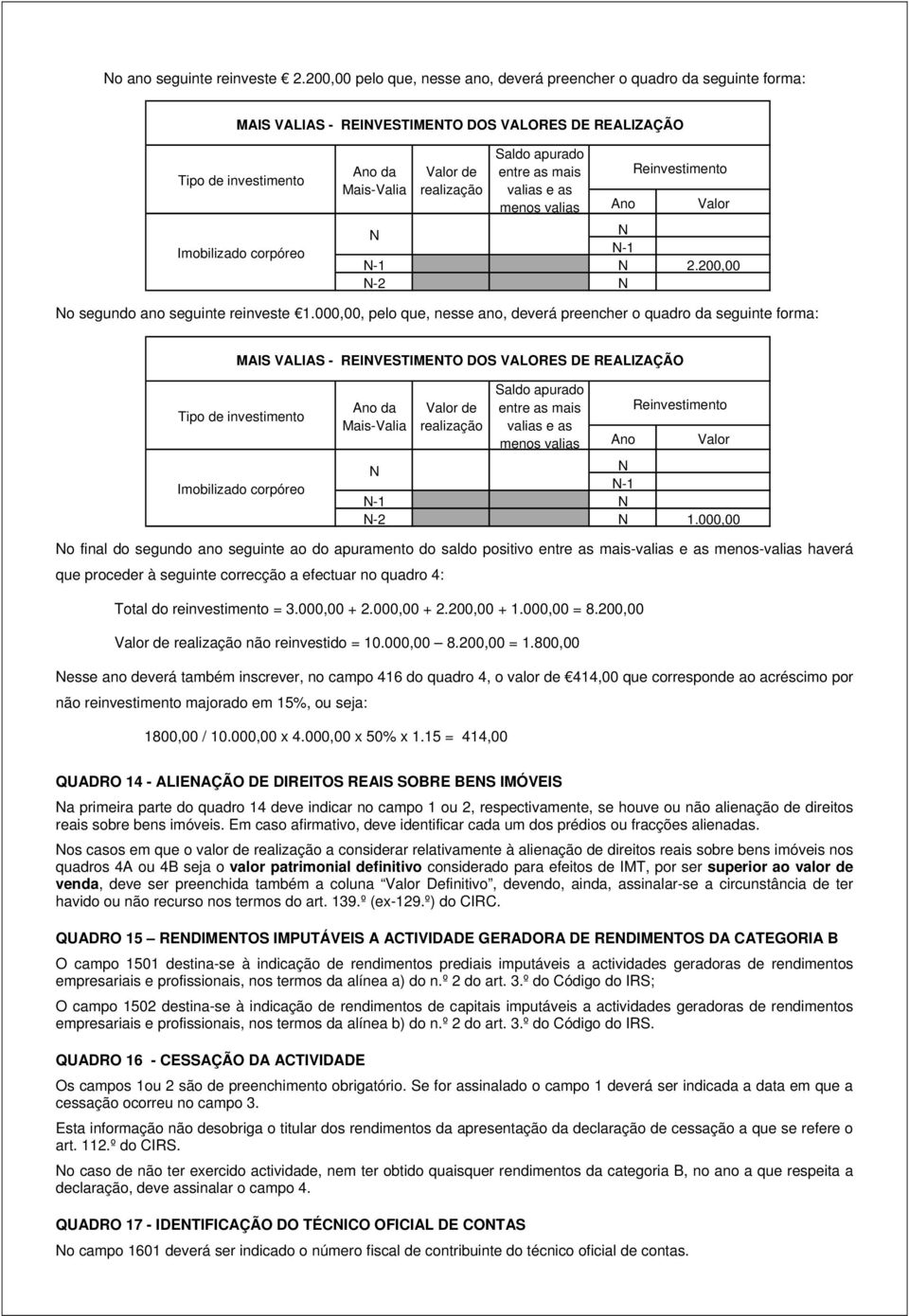 o quadro da seguinte forma: MAIS VALIAS - REIVESTIMETO DOS VALORES DE REALIZAÇÃO Tipo de investimento Imobilizado corpóreo Ano da Mais-Valia Valor de realização Saldo apurado entre as mais valias e