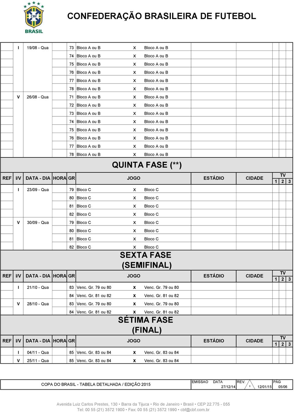 77 Bloco A ou B x Bloco A ou B 78 Bloco A ou B x Bloco A ou B QUINTA FASE (**) I 23/09 - Qua 79 Bloco C x Bloco C 80 Bloco C x Bloco C 81 Bloco C x Bloco C 82 Bloco C x Bloco C V 30/09 - Qua 79 Bloco