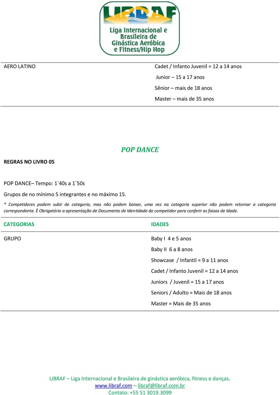 * Competidores podem subir de categoria, mas não podem baixar, uma vez na categoria superior não podem retornar a categoria correspondente.