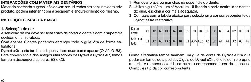 Com apenas 6 cores podemos abranger todo o guia Vita de forma satisfatoria. Dyract extra esta tambem disponivel em duas cores opacas (O-A2, O-B3).