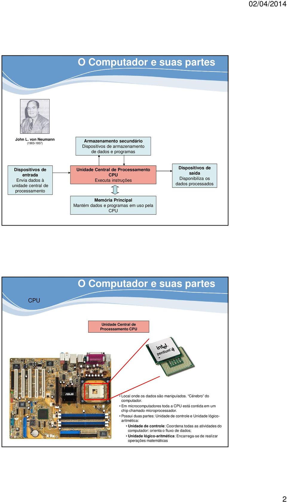 Processamento CPU Executa instruções Memória Principal Mantém dados e programas em uso pela CPU Dispositivos de saída Disponibiliza os dados processados CPU Unidade Central de Processamento