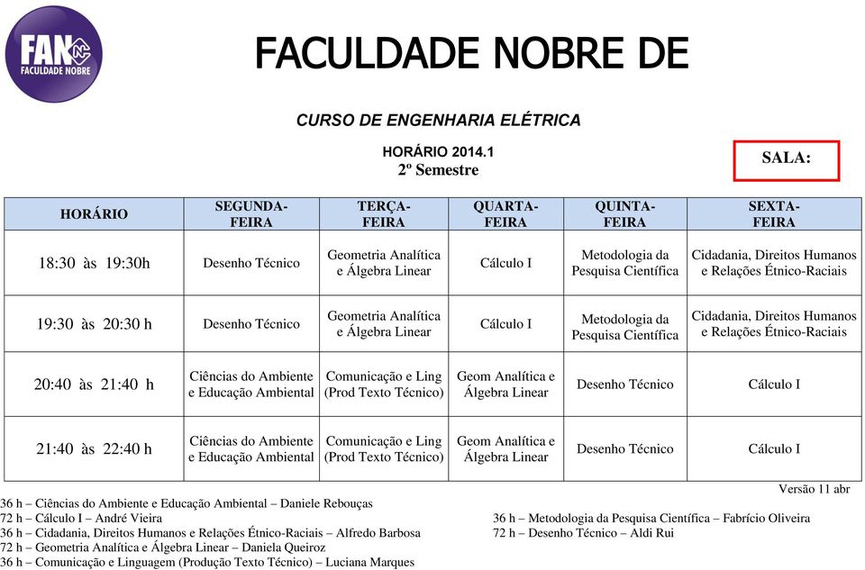 Técnico) Geom Analítica e Álgebra Linear Desenho Técnico Cálculo I Ciências do Ambiente e Educação Ambiental Comunicação e Ling (Prod Texto Técnico) Geom Analítica e Álgebra Linear Desenho Técnico