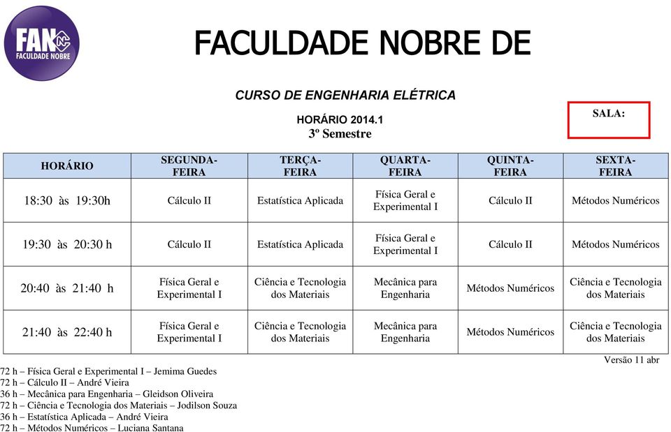 dos Materiais Mecânica para Engenharia Métodos Numéricos Ciência e Tecnologia dos Materiais 72 h Experimental I Jemima Guedes 72 h Cálculo II André Vieira 36 h