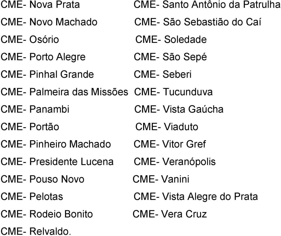 CME- Vista Gaúcha CME- Portão CME- Viaduto CME- Pinheiro Machado CME- Vitor Gref CME- Presidente Lucena CME-