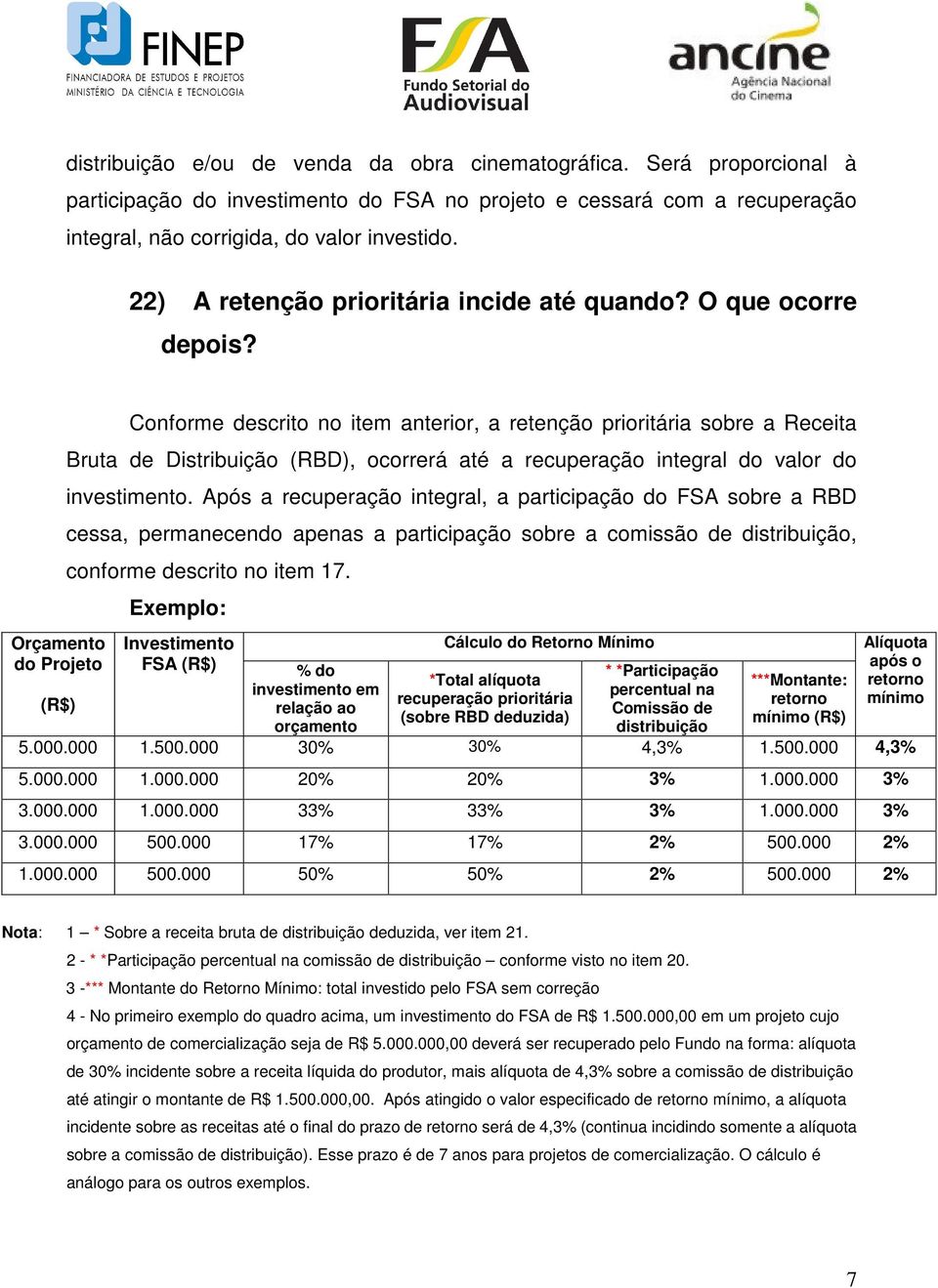 Orçamento do Projeto (R$) Conforme descrito no item anterior, a retenção prioritária sobre a Receita Bruta de Distribuição (RBD), ocorrerá até a recuperação integral do valor do investimento.