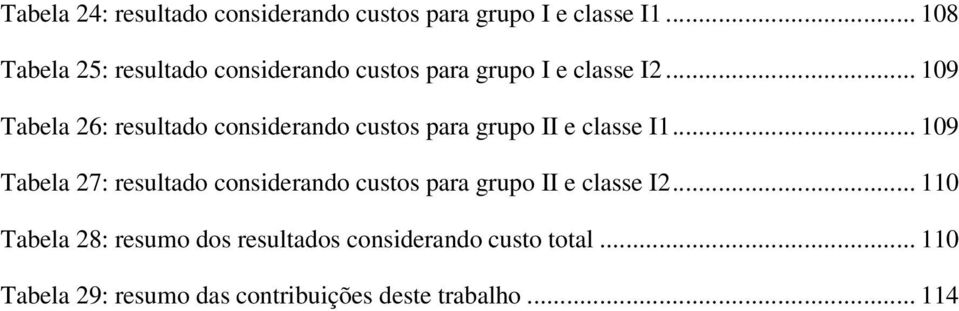 .. 109 Tabela 26: resultado considerando custos para grupo II e classe I1.