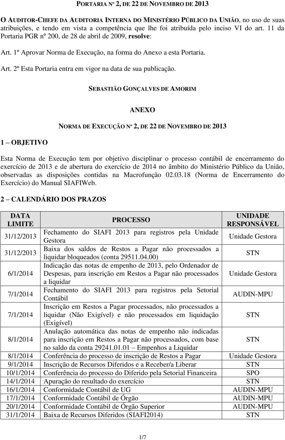 SEBASTIÃO GONÇALVES DE AMORIM 1 OBJETIVO ANEXO NORMA DE EXECUÇÃO Nº 2, DE 22 DE NOVEMBRO DE 2013 Esta Norma de Execução tem por objetivo disciplinar o processo contábil de encerramento do exercício