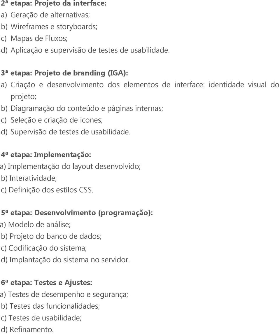 ícones; d) Supervisão de testes de usabilidade. 4ª etapa: Implementação: a) Implementação do layout desenvolvido; b) Interatividade; c) Definição dos estilos CSS.