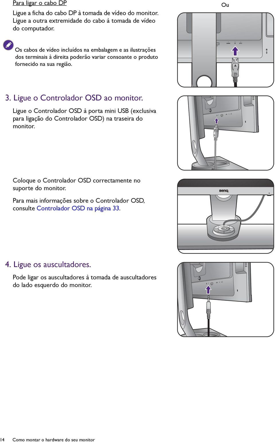 Ligue o Controlador OSD à porta mini USB (exclusiva para ligação do Controlador OSD) na traseira do monitor. Coloque o Controlador OSD correctamente no suporte do monitor.