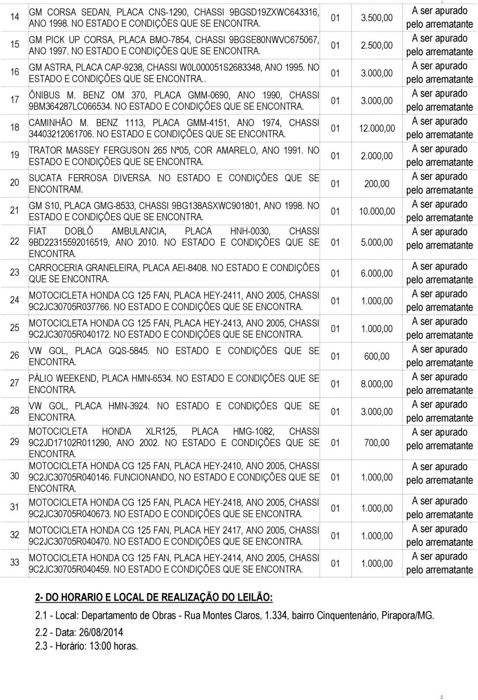 NO ESTADO E CONDIÇÕES QUE SE. ÔNIBUS M. BENZ OM 370, PLACA GMM-0690, ANO 1990, CHASSI 9BM364287LC066534. NO ESTADO E CONDIÇÕES QUE SE CAMINHÃO M.