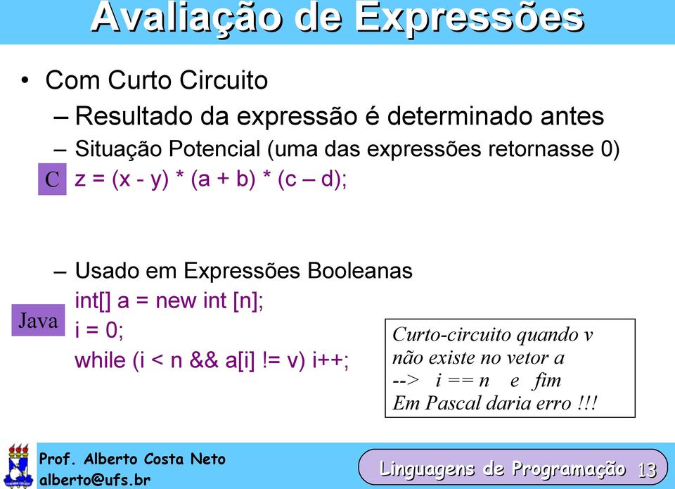 Expressões Booleanas int[] a = new int [n]; Java i = 0; Curto-circuito quando v while (i < n &&