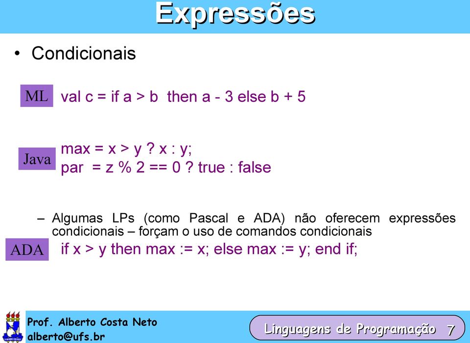 true : false ADA Algumas LPs (como Pascal e ADA) não oferecem expressões