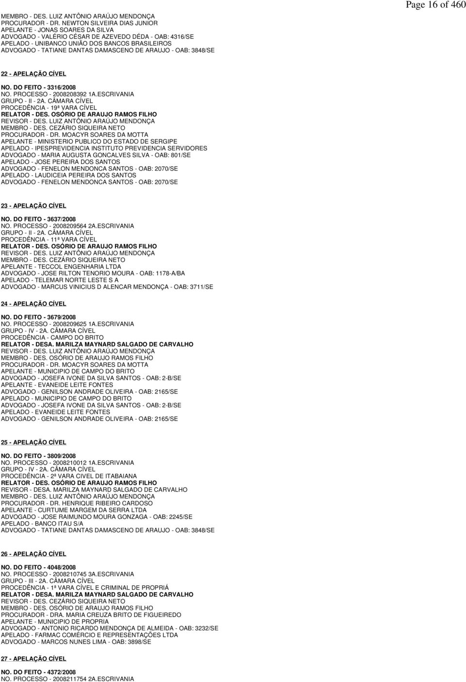 DAMASCENO DE ARAUJO - OAB: 3848/SE Page 16 of 460 22 - APELAÇÃO CÍVEL NO. DO FEITO - 3316/2008 NO. PROCESSO - 2008208392 1A.ESCRIVANIA GRUPO - II - 2A.