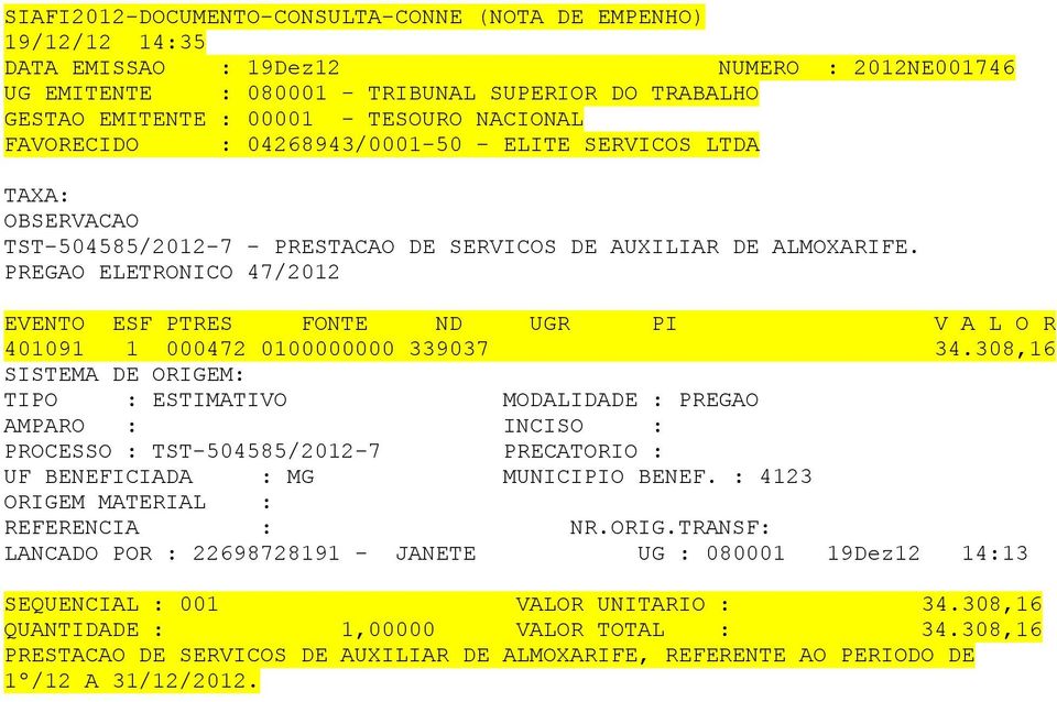 308,16 TIPO : ESTIMATIVO MODALIDADE : PREGAO PROCESSO : TST-504585/2012-7 PRECATORIO : UF BENEFICIADA : MG MUNICIPIO BENEF.