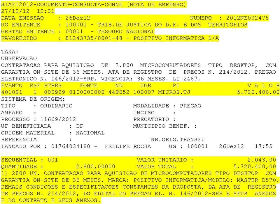 ATA DE REGISTRO DE PRECOS N. 214/2012. PREGAO ELETRONICO N. 146/2012-SRP. VIGENCIA: 36 MESES. LI 2487. 401091 1 000929 0100000000 449052 100007 MICROS.TJ 5.720.