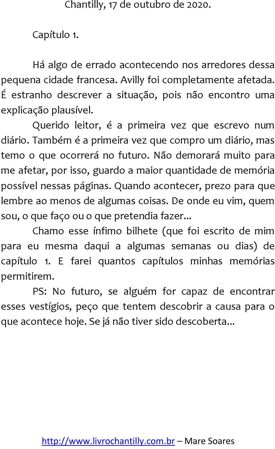 Também é a primeira vez que compro um diário, mas temo o que ocorrerá no futuro. Não demorará muito para me afetar, por isso, guardo a maior quantidade de memória possível nessas páginas.