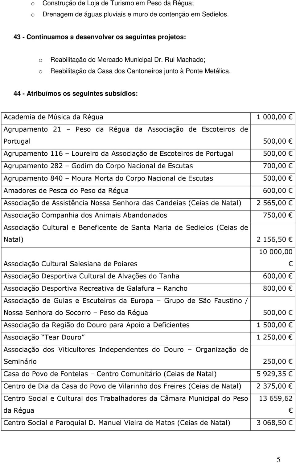 44 - Atribuíms s seguintes subsídis: Academia de Música da Régua 1 000,00 Agrupament 21 Pes da Régua da Assciaçã de Escteirs de Prtugal 500,00 Agrupament 116 Lureir da Assciaçã de Escteirs de Prtugal