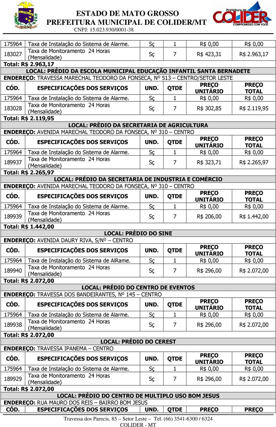 265,97 LOCAL: PRÉDIO DA SECRETARIA DE INDUSTRIA E COMÉRCIO ENDEREÇO: AVENIDA MARECHAL TEODORO DA FONSECA, Nº 310 CENTRO 189939 Sç 7 R$ 206,00 R$ 1.442,00 Total: R$ 1.