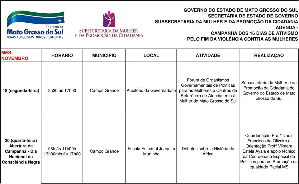 Mulheres e Centros de Referência de Atendimento à Mulher de Mato Grosso do Sul Subsecretaria da Mulher e da Promoção da Cidadania do Governo do Estado de Mato Grosso do Sul 20 (quarta-feira) Abertura