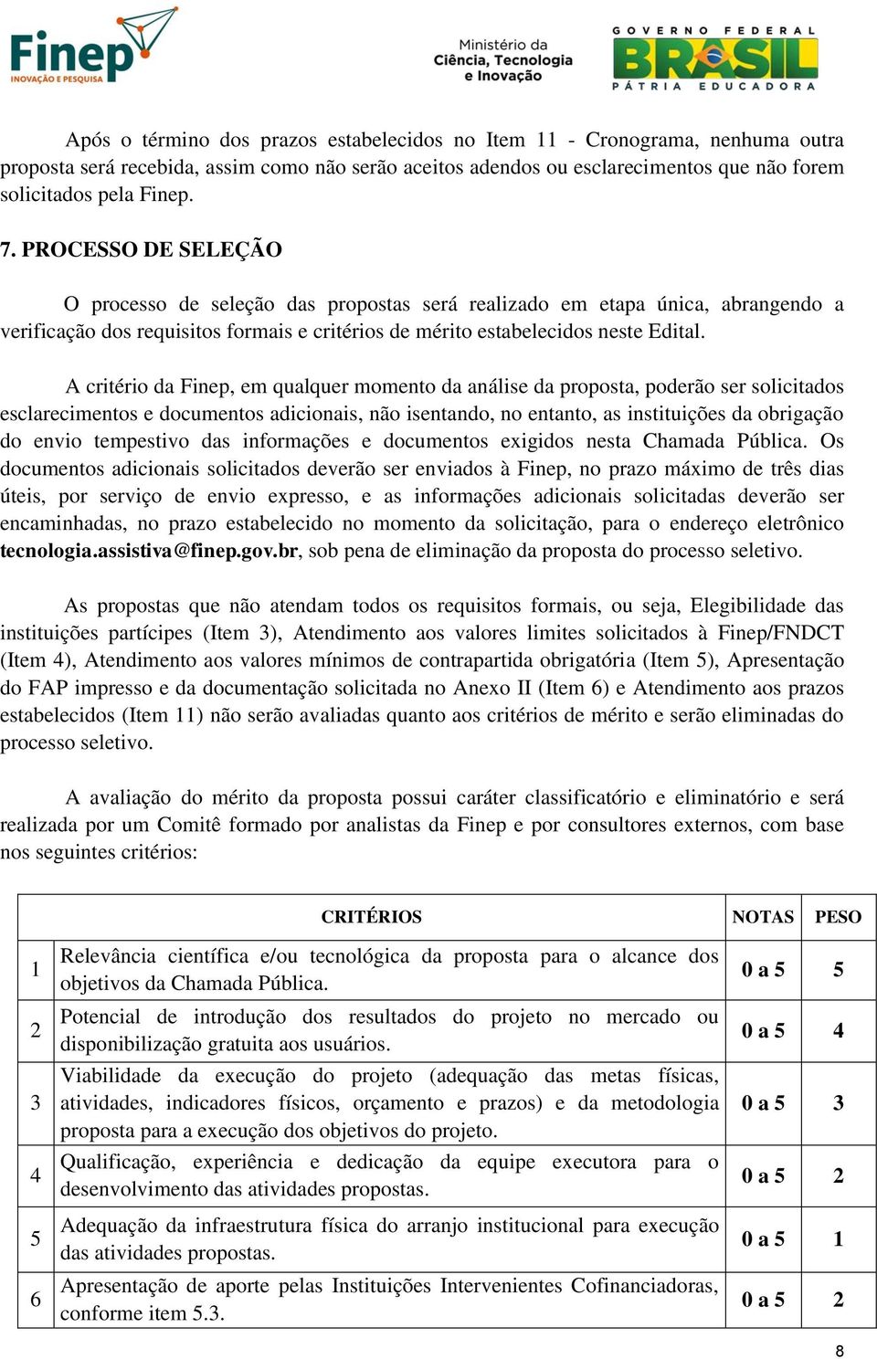 A critério da Finep, em qualquer momento da análise da proposta, poderão ser solicitados esclarecimentos e documentos adicionais, não isentando, no entanto, as instituições da obrigação do envio