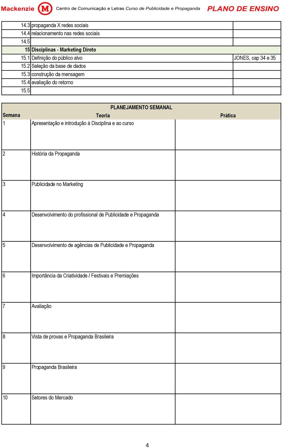 Disciplinas - Marketing Direto Semana Teoria Apresentação e introdução à Disciplina e ao curso PLANEJAMENTO SEMANAL Prática História da Propaganda