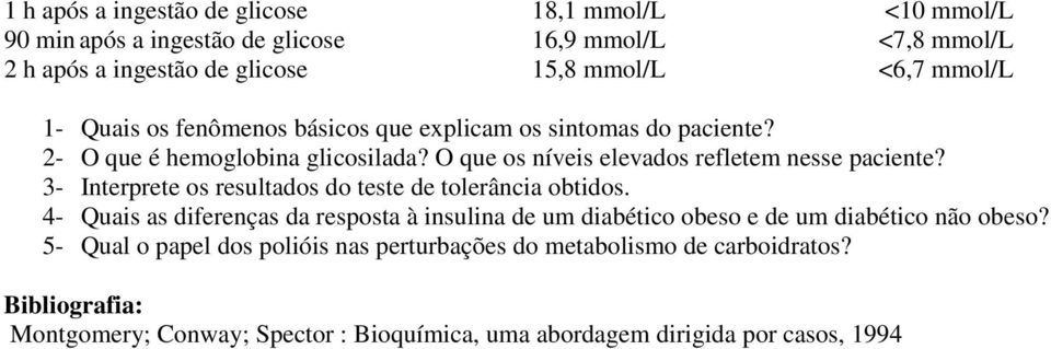 3- Interprete os resultados do teste de tolerância obtidos. 4- Quais as diferenças da resposta à insulina de um diabético obeso e de um diabético não obeso?